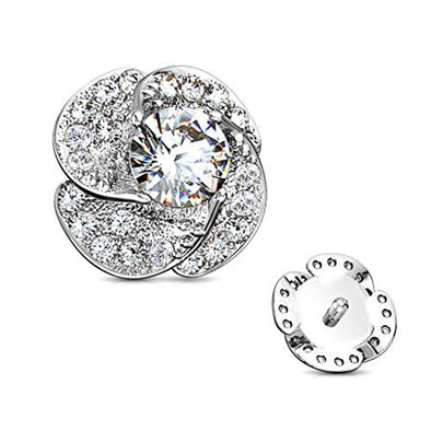 WildKlass CZ Paved and Round CZ Center Rose Blossom Internally Threaded Dermal Top-WildKlass Jewelry