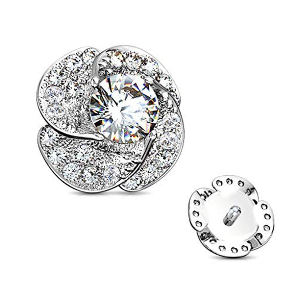 WildKlass CZ Paved and Round CZ Center Rose Blossom Internally Threaded Dermal Top-WildKlass Jewelry