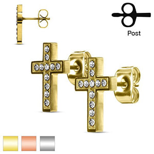 Pair of CZ Paved Cross Stainless Steel WildKlass Stud Earrings-WildKlass Jewelry