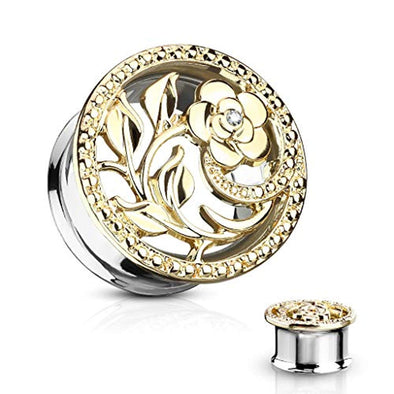 CZ Centered Flower and Vines Cut Out 316L Surgical Steel WildKlass Double Flared Tunnel-WildKlass Jewelry