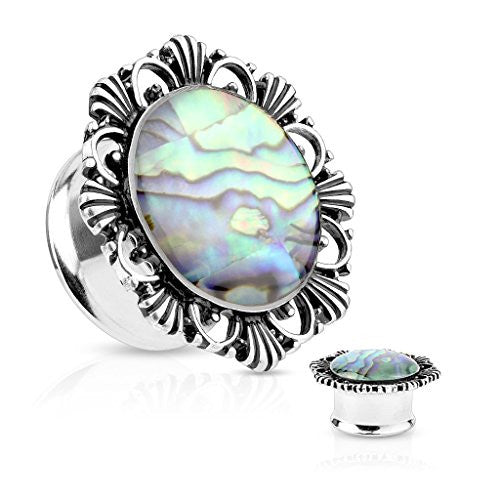 Abalone Centered Vintage Flower Top Double Flared WildKlass Tunnel Plugs-WildKlass Jewelry