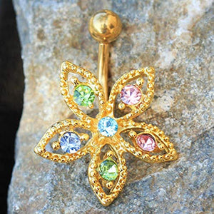Gold Plated Fancy Multi-Jeweled Flower WildKlass Navel Ring-WildKlass Jewelry