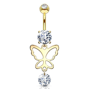 Hollow Butterfly and Round CZ Drop Dangle CZ Prong Set 316L Surgical Steel WildKlass Belly Rings-WildKlass Jewelry