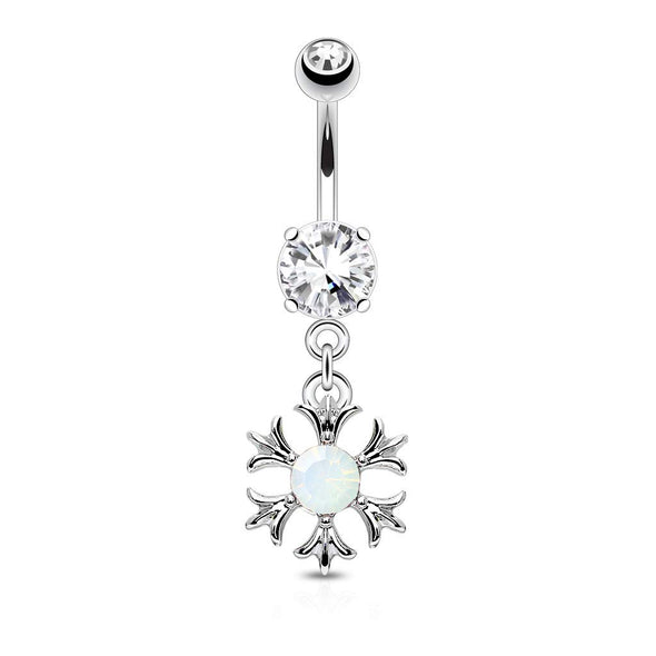 Opalite Stone Set Tribal Sun Dangle CZ Prong Set 316L Surgical Steel WildKlass Belly Button Navel Rings-WildKlass Jewelry