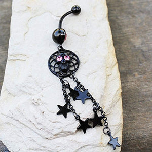Black PVD Plated Alien Skull and Stars Dangle WildKlass Navel Ring-WildKlass Jewelry