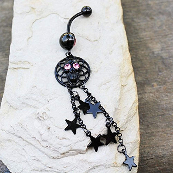 Black PVD Plated Alien Skull and Stars Dangle WildKlass Navel Ring-WildKlass Jewelry