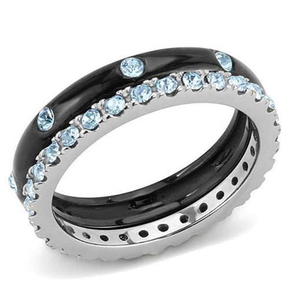 WildKlass Stainless Steel Ring Two-Tone IP Black Women Top Grade Crystal Sea Blue-WildKlass Jewelry