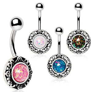 316L Stainless Steel Antique WildKlass Navel Ring with Adorned Synthetic Opal-WildKlass Jewelry