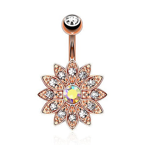 Paved Gems Flower with AB Center CZ 14kt Rose Gold Plated WildKlass Navel Ring-WildKlass Jewelry