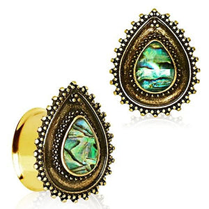 Gold Plated Ornate Teardrop WildKlass Plugs with Abalone Inlay-WildKlass Jewelry