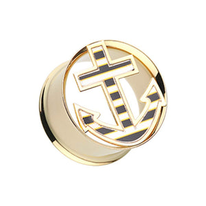 Golden Nautical Stripe Anchor Double Flared Ear Gauge WildKlass Plug-WildKlass Jewelry