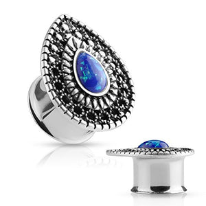 Opal Glitter Center Antique Silver Plated Tear Drop Top Double Flared WildKlass Tunnels-WildKlass Jewelry