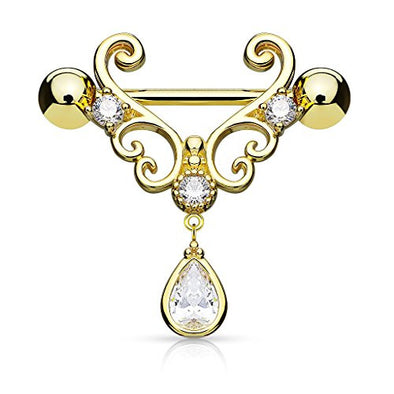 CZ Set Heart Filigree with Tear Drop CZ Dangle WildKlass Nipple Rings-WildKlass Jewelry