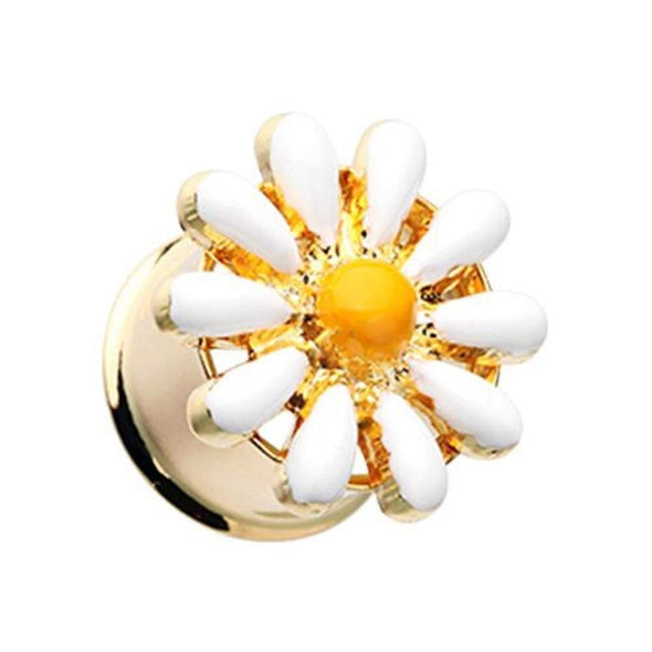 Golden Daisy Flower Double Flared Ear Gauge WildKlass Plug-WildKlass Jewelry