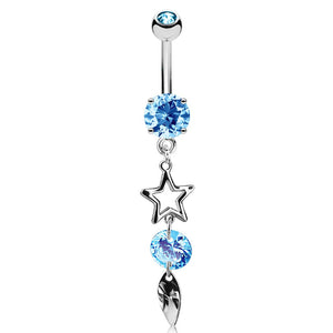 Hollow Star, CZ and Leaf Vertical Drop Dangle Prong Set CZ WildKlass Belly Rings-WildKlass Jewelry