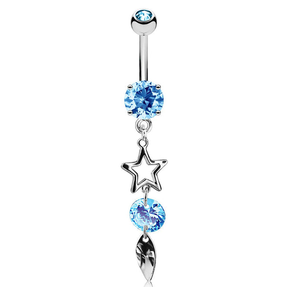 Hollow Star, CZ and Leaf Vertical Drop Dangle Prong Set CZ WildKlass Belly Rings-WildKlass Jewelry
