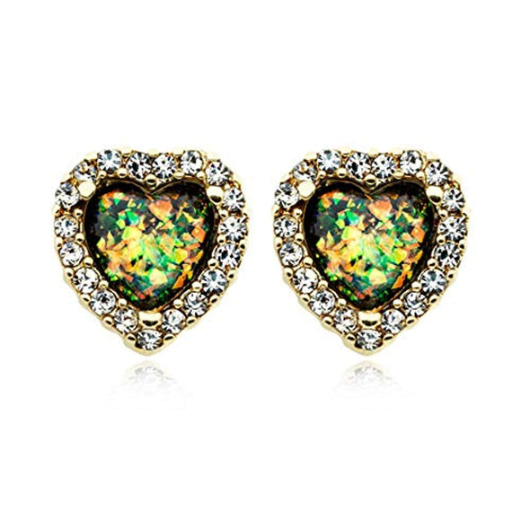 Golden Beloved Heart Opal WildKlass Ear Stud Earrings-WildKlass Jewelry