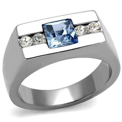 WildKlass Stainless Steel Ring High Polished Men Top Grade Crystal Aquamarine-WildKlass Jewelry