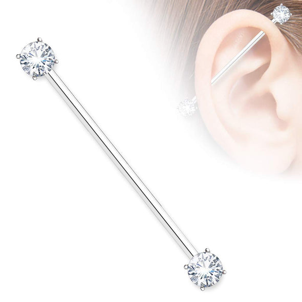 Round CZ Prong Set Ends 316L Surgical Steel WildKlass Industrial Barbells-WildKlass Jewelry
