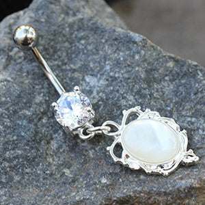 316L Stainless Steel Ornate White Cat's Eye Dangle WildKlass Navel Ring-WildKlass Jewelry