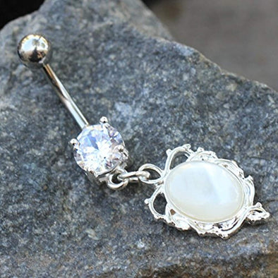 316L Stainless Steel Ornate White Cat's Eye Dangle WildKlass Navel Ring-WildKlass Jewelry