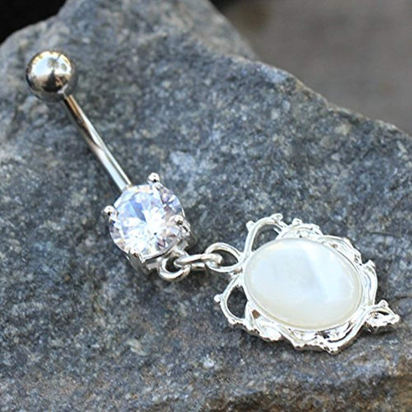 316L Stainless Steel Ornate White Cat's Eye Dangle WildKlass Navel Ring-WildKlass Jewelry