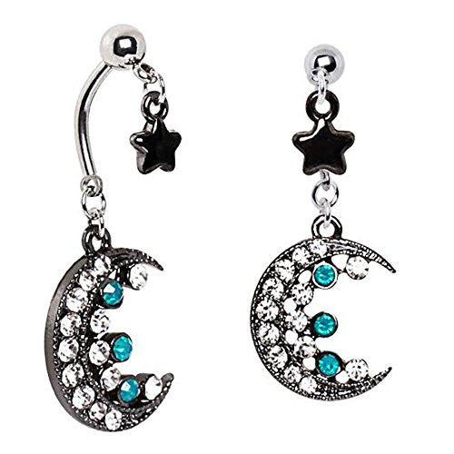 316L Stainless Steel Star & Crescent Moon Double Dangle WildKlass Navel Ring-WildKlass Jewelry