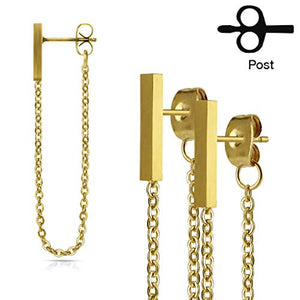 Pair of Chain Connected Long Square Bar Stainless Steel WildKlass Ear Stud Rings-WildKlass Jewelry