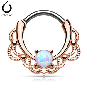 Rose Gold Plated Round Opal Centered Filigree WildKlass Septum Clicker Rings-WildKlass Jewelry
