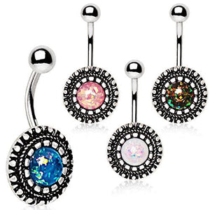 316L Stainless Steel Antique Ornate WildKlass Navel Ring with Synthetic Opal-WildKlass Jewelry