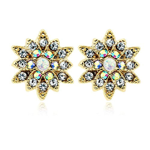 Golden Opal Chrysanthemum Flower WildKlass Ear Stud Earrings-WildKlass Jewelry