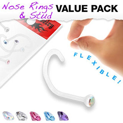 5 Pcs Value Pack of Assorted Clear BioFlex WildKlass Nose Screw with Assorted Bezel Set Gems-WildKlass Jewelry