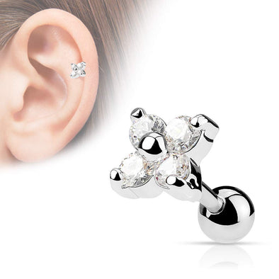 Flower Quad WildKlass CZ Tragus/Cartilage Piercing Stud Barbells 316L Surgical Steel-WildKlass Jewelry
