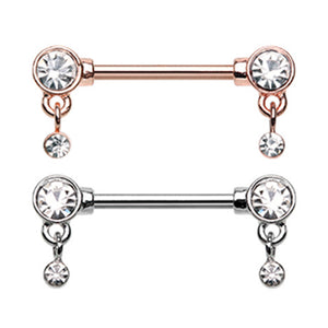 Rose Gold & Silver Bezel Dangle Drop Nipple Barbell Ring-WildKlass Jewelry