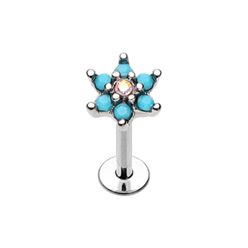 Rose Gold, Silver Turquoise Spring Flower Sparkle Top Steel Labret-WildKlass Jewelry