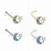 Gold, Silver Opal Crescent Moon & Star L-Shape Stud Nose Ring-WildKlass Jewelry