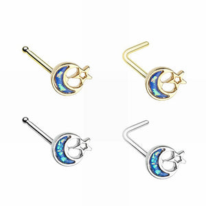 Gold, Silver Opal Crescent Moon & Star L-Shape Stud Nose Ring-WildKlass Jewelry