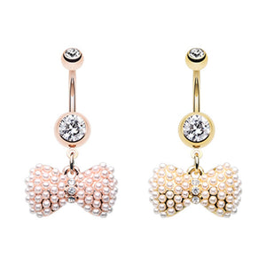 Golden & Rose Gold Vintage Pearl Bow Tie Belly Button Ring-WildKlass Jewelry