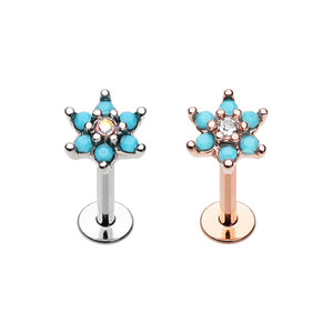 Rose Gold, Silver Turquoise Spring Flower Sparkle Top Steel Labret-WildKlass Jewelry