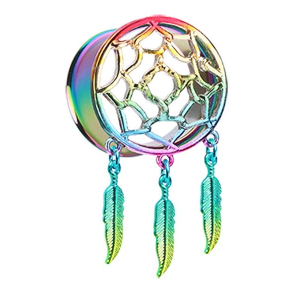 Rainbow Dreamcatcher Feather Dangle Ear Gauge WildKlass Plug-WildKlass Jewelry