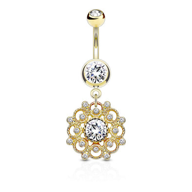 Crystal Paved Vintage Filigree Dangle WildKlass Double Jeweled Belly Button Navel Rings-WildKlass Jewelry
