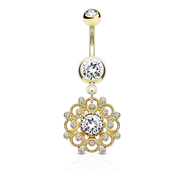 Crystal Paved Vintage Filigree Dangle WildKlass Double Jeweled Belly Button Navel Rings-WildKlass Jewelry