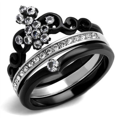 WildKlass Stainless Steel Ring Two-Tone IP Black Women AAA Grade CZ Clear-WildKlass Jewelry