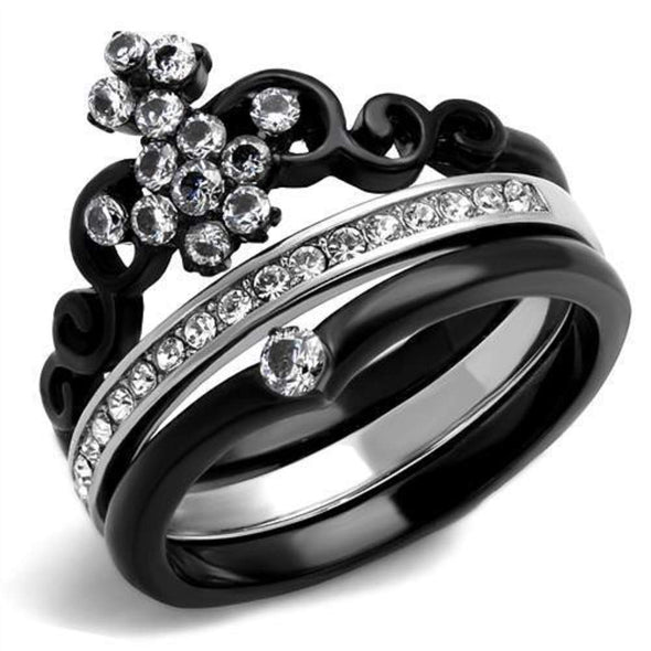 WildKlass Stainless Steel Ring Two-Tone IP Black Women AAA Grade CZ Clear-WildKlass Jewelry