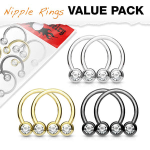 WILDKLASS 6 Pcs Value Pack Front Facing Gem Set Balls IP Over 316L Surgical Steel Circular/Horseshoes for Nipple, Septum and Ear Cartilage Piercings-WildKlass Jewelry