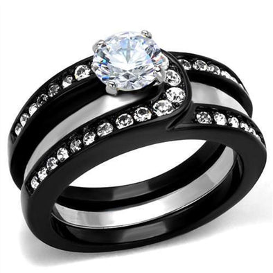 WildKlass Stainless Steel Ring Two-Tone IP Black Women AAA Grade CZ Clear-WildKlass Jewelry