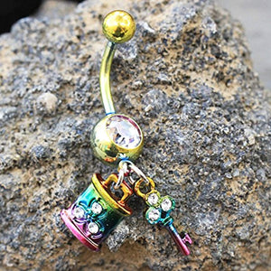 Rainbow PVD Plated Key & Lock Dangle WildKlass Navel Ring-WildKlass Jewelry