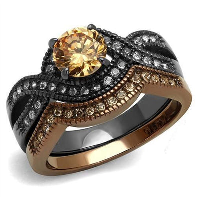 WildKlass Stainless Steel Ring IP Light Black & IP Light Coffee Women AAA Grade CZ Champagne-WildKlass Jewelry