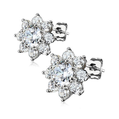 Pair of Round CZ Flower 316L Surgical Steel WildKlass Post Earring Studs-WildKlass Jewelry