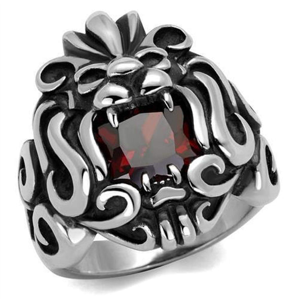 WildKlass Stainless Steel Ring High Polished Men AAA Grade CZ Garnet-WildKlass Jewelry